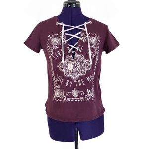 Moonchild Purple White Short Sleeve Witchy Lace Up Top